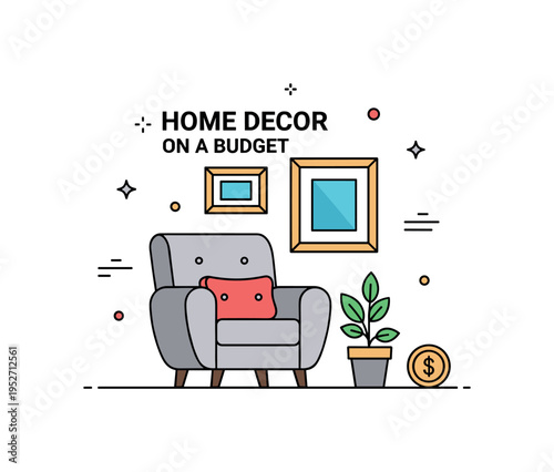 Home decor on a budget affordable interior styling concept illustrated by a cozy armchair paired with a small potted plant and framed wall art, expressing