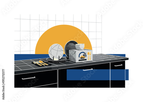 Black and white open kitchen counter displaying a meal kit box with geometric plates and utensils, bold golden yellow semicircle rising behind like warm