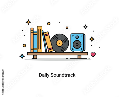 Music appreciation lifestyle concept featuring a simple bookshelf with vinyl records and a small speaker icon. A gentle ?Daily Soundtrack? text