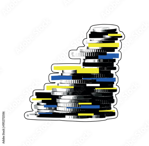 Black and white stack of coins arranged in ascending order, large deep blue semicircle framing upper composition like growth arc, thin red horizontal accent