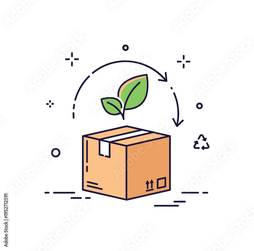 Eco friendly packaging cardboard box with a small green leaf icon and subtle recycle arrows around it, expressing sustainable shipping and environmentally