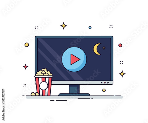 Smart TV streaming night television screen with large play button and small popcorn bucket beside it, conveying cozy home entertainment and digital movie