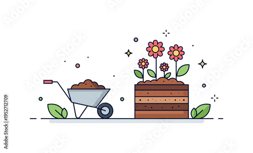 Mulching garden beds illustrated with a small wheelbarrow and layered soil texture around vibrant flowers, symbolizing protection and sustainable care.