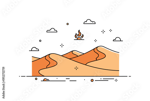 Desert sand dunes panorama illustrated with flowing curved shapes and a small blazing sun above, conveying vastness, silence, and dramatic natural formations.