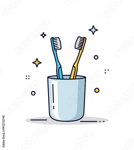 Toothbrush holder concept with a simple cylindrical cup as the central element holding two neatly arranged toothbrushes. The composition conveys cleanliness,