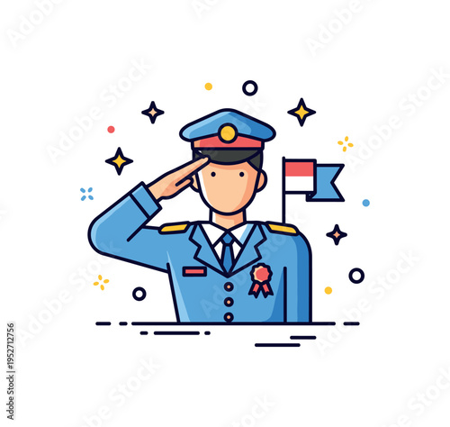 Saluting respectful figure in uniform raising a hand to the forehead with a small flag accent and subtle star elements, expressing honor, discipline and formal