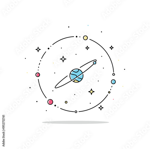 Cosmic view of a small planet floating in open space with a glowing orbit line and distant stars arranged in a calm circular composition, expressing vastness,