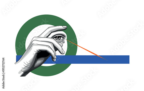 Black and white hand wiping away a tear, oversized forest green circular halo framing the gesture, cobalt blue horizontal bar grounding composition, sharp