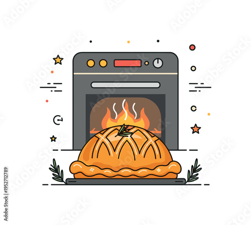 Golden baked beef Wellington fresh from oven illustrated with a warm oven silhouette behind a perfectly browned pastry, expressing accomplishment and holiday