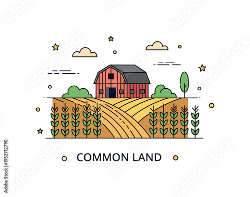 Agricultural collectivization scene featuring a single large barn at the center with surrounding crop rows merging into one unified landscape, expressing