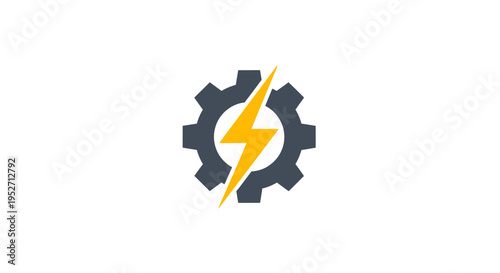 Gear with lightning bolt illustration symbolizing energy, power, and innovation on white background