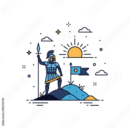 Conquest ancient warrior silhouette standing on a small hilltop with a planted flag and rising sun behind, expressing triumph, ambition and territorial