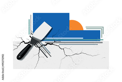 Black and white putty knife crossing over cracked wall texture, large cobalt blue rectangle echoing architectural structure, orange semicircle rising behind