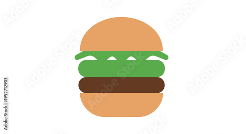 Minimalist graphic of a complete hamburger with green lettuce, bun, and patty against white backdrop