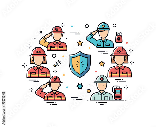 Unified emergency task force drill represented by multiple responder icons arranged around a central shield symbol with small star accents. The compact badge