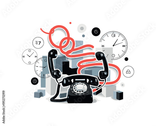 Vintage black and white rotary phone with two handsets connected by an exaggerated curved red cable looping around geometric blocks, floating clock dial