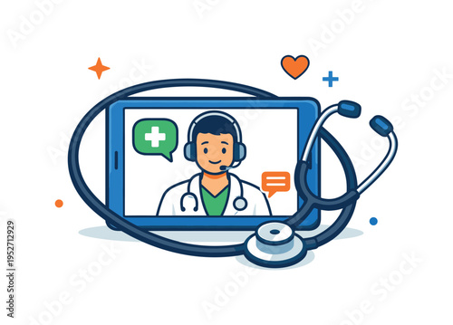 Telemedicine consultation shown through a tablet with a stethoscope forming a gentle loop around the screen, symbolizing modern diagnosis and technology-driven