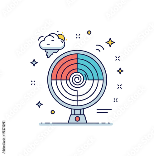 Hurricane tracking radar concept illustrated with a circular radar screen displaying a small spiral storm icon, expressing forecasting, meteorology, and