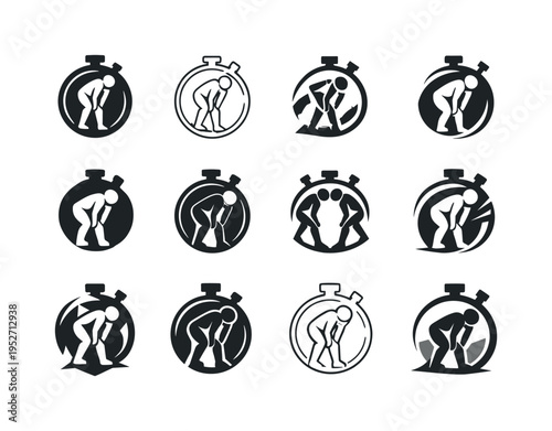 runner slowing down, catching their breath after winning. Icon set. Set Logo of runner slowing down, catching their breath after winning: stopwatch and runner.