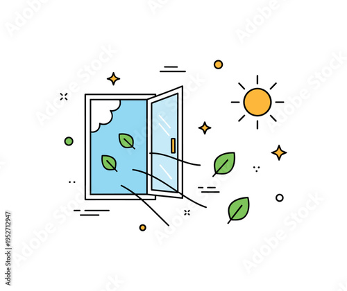 Natural daylight enhancing indoor air and freshness with a slightly open window and small floating leaf icons suggesting ventilation and clean breathing space.