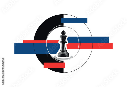 A black and white realistic chess king placed at the center of a minimal composition, bold geometric circles radiating outward like strategic influence zones,