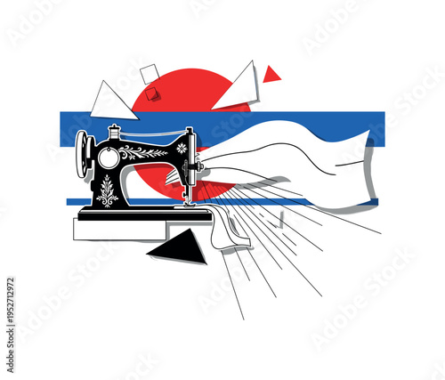 Black and white sewing machine in retro style with fabric flowing outward, bold red circle behind the machine and blue horizontal bar structuring the layout,