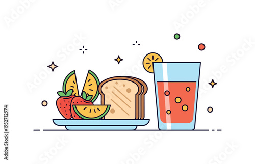 Healthy breakfast choice illustrated through a plate with sliced fruit and toast paired with a glass of juice, symbolizing balanced nutrition and mindful