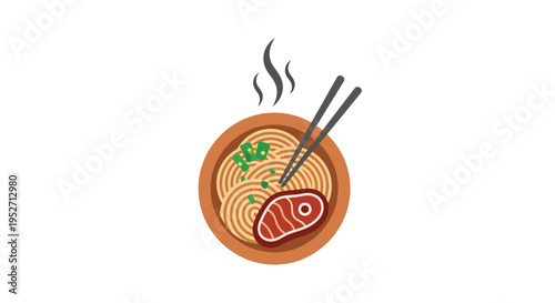 Minimalistic illustration of a delicious bowl of ramen noodles with meat and chopsticks