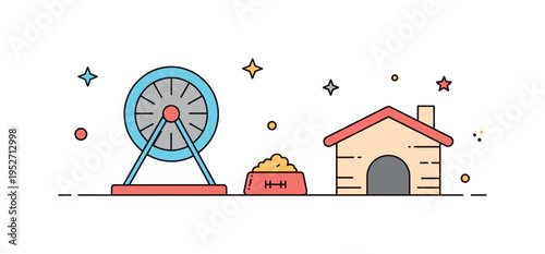 Hamster habitat essentials small cage layout featuring a running wheel, food bowl and hideout house placed in balanced positions, conveying