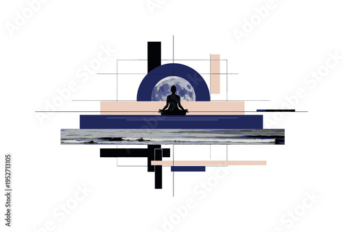monochrome calm ocean horizon line combined with meditating silhouette, deep indigo circular backdrop echoing moon form, flat abstract rectangles and subtle