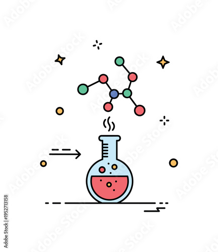 Organic synthesis lab small round bottom flask with molecular structure floating above and subtle reaction arrow, conveying experimental creation of new