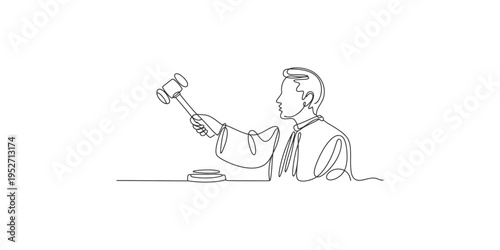 Continuous line drawing of an auctioneer with gavel in hand ready to sell auction bidding