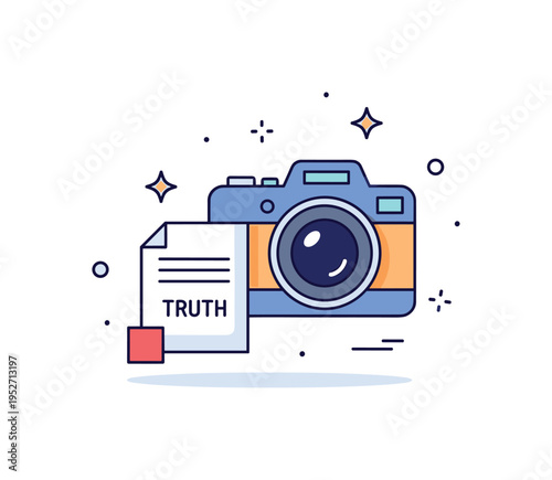 Human rights documentation concept showing a camera beside a small document icon labeled Truth and subtle star accents symbolizing transparency and