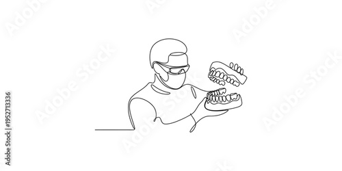 Dentist examining dental prosthetics in a modern one line art style teeth medical healthcare drawing