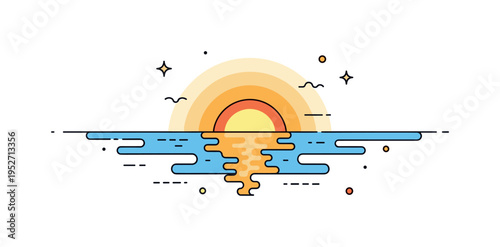Sunset over water capturing a glowing sun half dipped below the horizon with smooth reflections stretching across calm waves, expressing peace and quiet