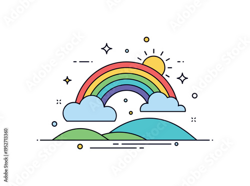 Rainbow emerging from clouds over rolling hills, with a bright sun peeking through, conveying hope, renewal, and cheerful energy. Minimalist flat vector