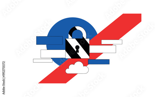 Black and white padlock composed of geometric shapes floating above simplified cloud icon, oversized cobalt blue circle anchoring the upper composition, sharp