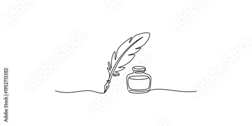 A quill pen and inkwell in a simple line drawing style on white background writing
