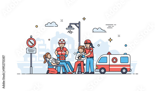 Wounded victims receiving first aid on a street scene with paramedics attending to them, highlighting urgency, care, and emergency response. Minimalist flat