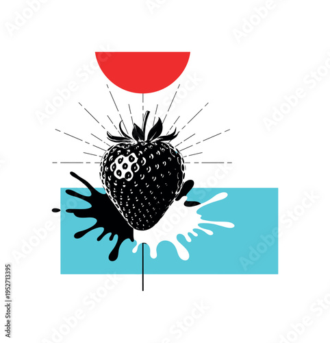 Black and white strawberry with bite taken out revealing contrast shape, strong red circle behind bite area, bright cobalt blue rectangular block grounding