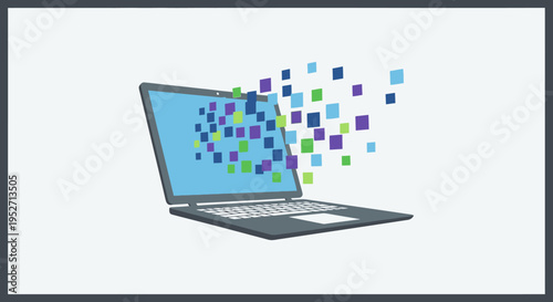 Conceptual digital representation of data transfer and information flow from a laptop screen