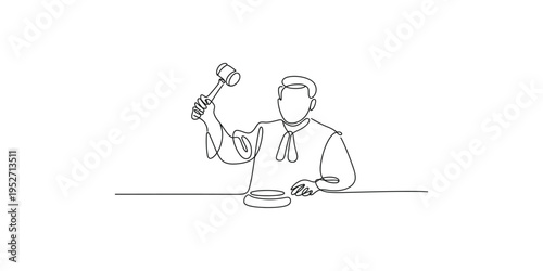 A man banging a gavel on a desk in a one line drawing style art