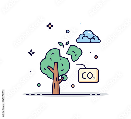 Carbon cycle disruption symbol with a tree icon broken into segments and a small CO2 label nearby. The composition suggests ecological imbalance and