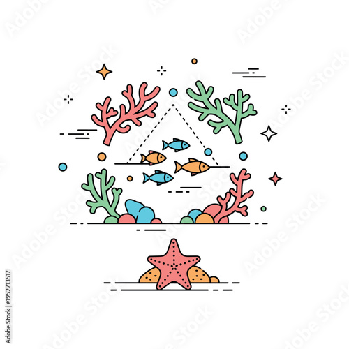Coral reef ecosystem branching coral shapes arranged around a small school of fish and a starfish resting below, expressing balance and natural harmony. A