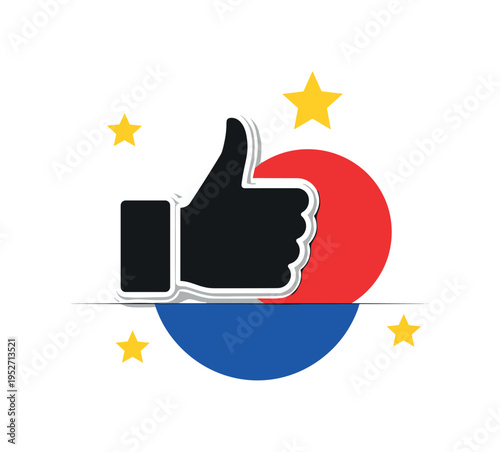Black and white abstract thumbs-up symbol enlarged as central object, large bold red circle aligned with the icon, cobalt blue semicircle beneath as grounding