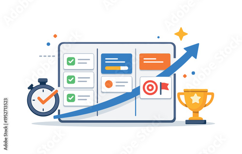 Project delivery mindset centered on progress tracking and accountability. A clean editorial illustration expressing forward motion and achievement through a