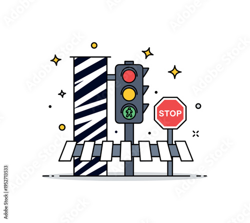 Street crossing safety pedestrian signal icon glowing beside bold zebra stripes and a small stop sign accent. A clear and friendly visual metaphor of awareness