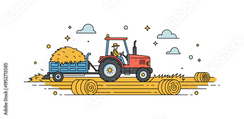Haying tractor with a farmer in the cabin steering through a golden field, hay bales scattered around, highlighting harvest season and agricultural life.
