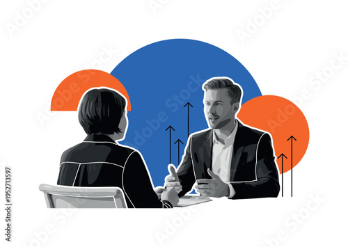 Black and white professional coach in conversation with client across a desk, bold cobalt blue circular backdrop intersected by bright orange semicircles, thin