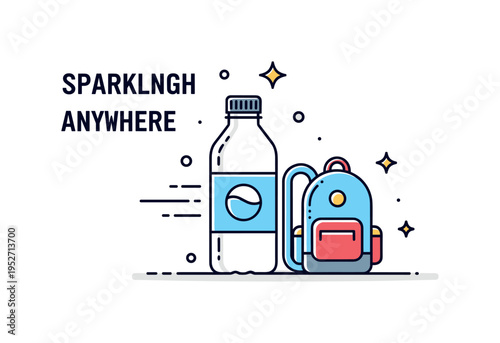 On the go sparkling water hydration scene featuring a compact bottle silhouette with subtle motion lines and a small backpack accent, conveying portability,
